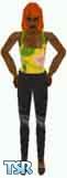 Sims 1 — Roxana by Kerryann — Yellow, green, white and orange floral top, with black leather pants and shoes. Dark skin