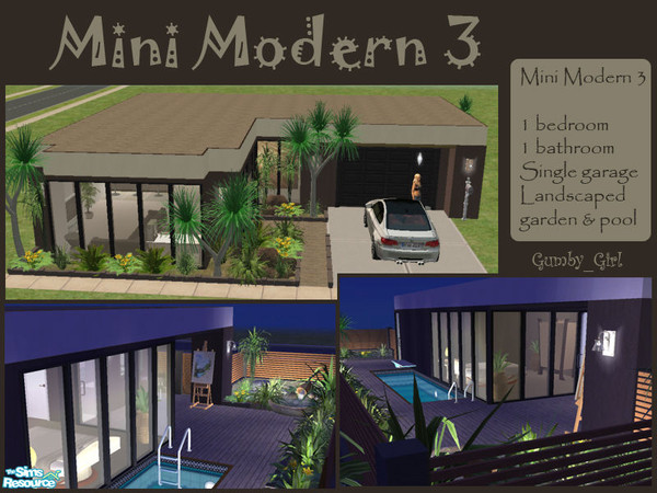 Sims 2 — Mini Modern 3 by Gumby_Girl — 1 bed, 1 bath contemporary style home. Stucco walls, large windows, open plan