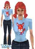 Sims 1 — Fawn by Rock-it — Powder blue fitted tee with a screenprint of a cute little deer on it. Dark rinse flare jeans,