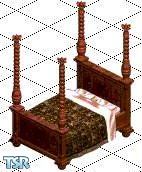 Sims 1 — 4 Poster Castle Bed by Lovesha — Dark green and brown bedspread with light mahogany wood, with two dark green