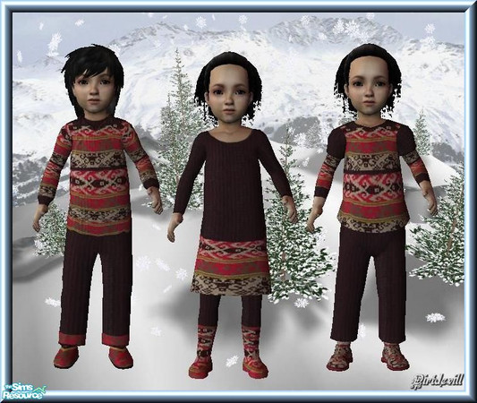 Sims 2 — Knitted Toddler Outfits  - Set by Dirtdevill — A set of 3 comfortable knitted outfits in red, white and brown