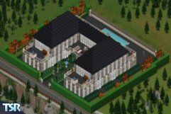 Sims 1 — MacDougal Mansion by Ravynswulf — 8 bathrooms (4 upstairs, 4 downstairs) 4 bedrooms. 4 terraces, reading room,