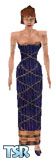 Sims 1 — Crosshatch by Jillionaire — A long navy strapless dress with gold trim, and gold arm bands. All three skin tones